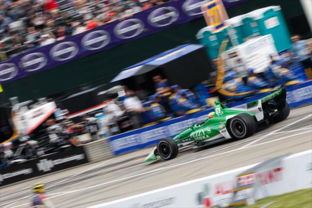 Spencer Pigot peels out of his pit stall after service during Race 2 of the Chevrolet Detroit Grand Prix at Belle Isle Park -- Photo by: Joe Skibinski