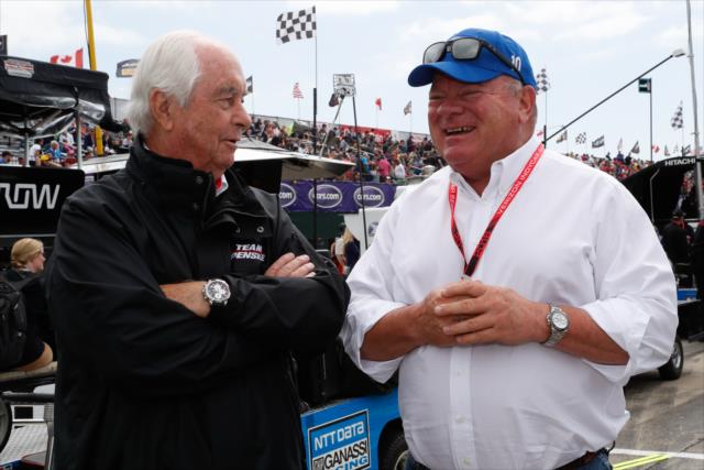 Team owners Roger Penske and Chip Ganassi chat on pit lane during pre-race festivities for Race 2 of the Chevrolet Detroit Grand Prix at Belle Isle Park -- Photo by: Joe Skibinski