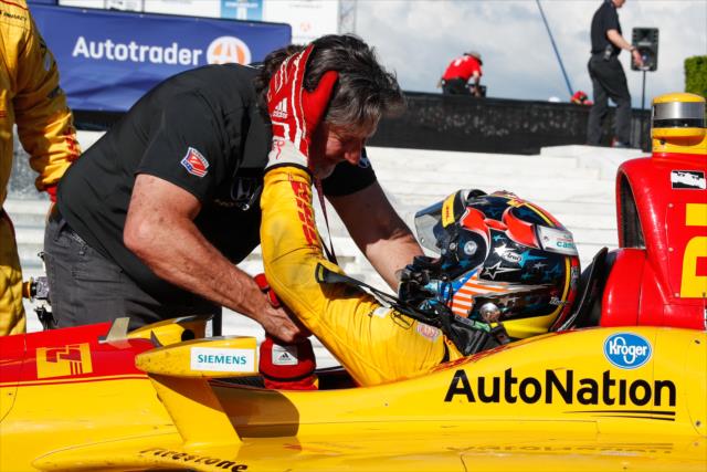 Ryan Hunter-Reay celebrates with Michael Andretti in Victory Circle after winning Race 2 of the Chevrolet Detroit Grand Prix at Belle Isle Park -- Photo by: Joe Skibinski
