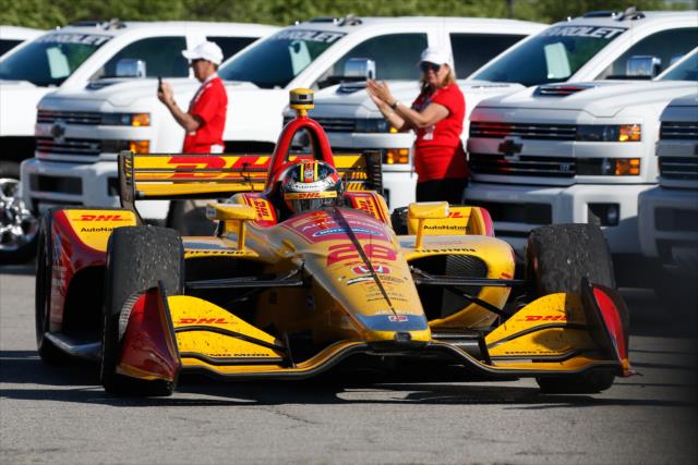 Ryan Hunter-Reay drives into Victory Circle after winning Race 2 of the Chevrolet Detroit Grand Prix at Belle Isle Park -- Photo by: Joe Skibinski