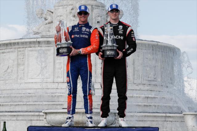 Scott Dixon and Josef Newgarden pose with their Chevrolet Detroit Grand Prix trophies -- Photo by: Joe Skibinski