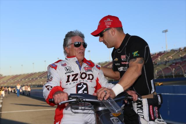 Tony Kanaan and Mario Andretti chat during pre-race ceremonies for the MAVTV 500 -- Photo by: Chris Jones