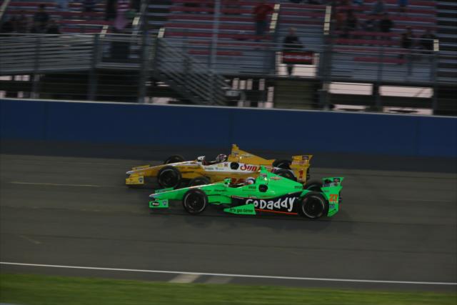 Teammates Ryan Hunter-Reay and James Hinchcliffe go side-by-side during the early stages of the MAVTV 500 -- Photo by: Chris Jones