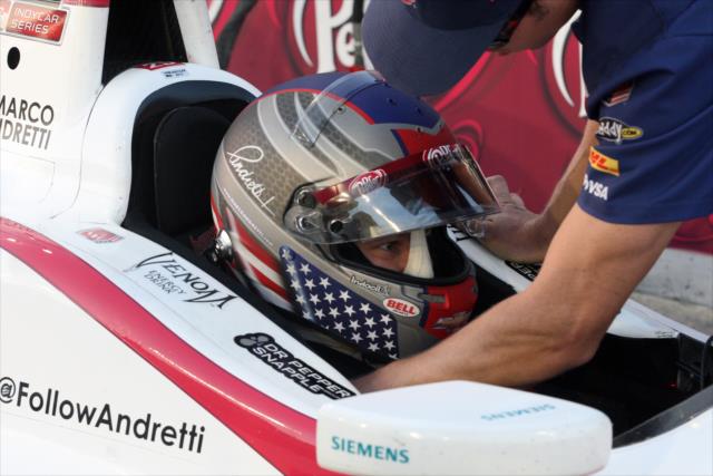 Marco Andretti gets strapped into his car before the start of the MAVTV 500 -- Photo by: Richard Dowdy