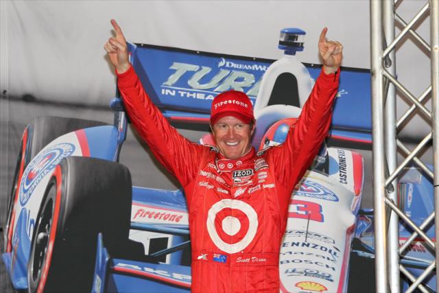 Scott Dixon walks onto the stage as the 2013 IZOD IndyCar Series Champion at Auto Club Speedway in Fontana, CA -- Photo by: Chris Jones