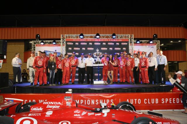 Scott Dixon and the entire Target Chip Ganassi team celebrate the 2013 IZOD IndyCar Series championship -- Photo by: Chris Jones