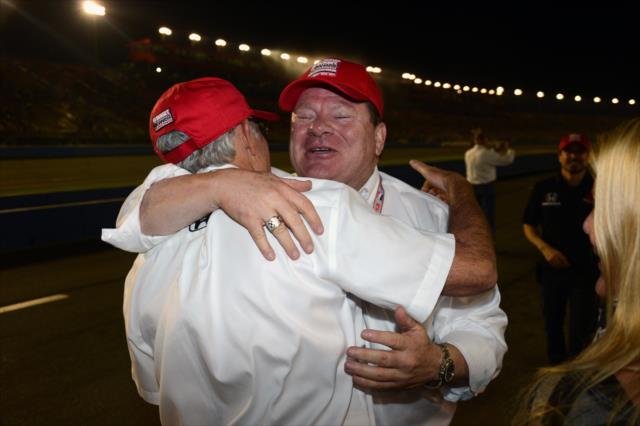 Team Owner Chip Ganassi and strategist Mike Hull celebrate their 2013 IZOD IndyCar Series championship -- Photo by: Chris Owens