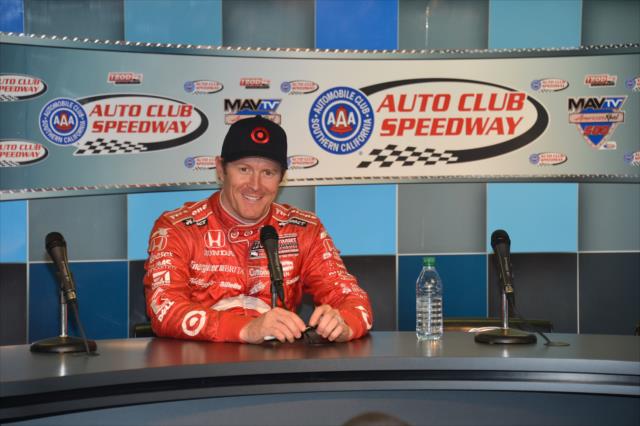 Scott Dixon at the Auto Club Speedway media center podium after winning the 2013 IZOD IndyCar Series championship -- Photo by: John Cote