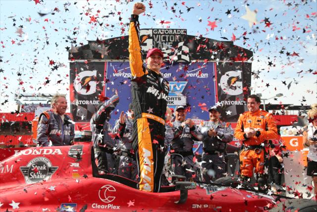 Graham Rahal and the Rahal Letterman Lanigan Racing team celebrate in Victory Lane after winning the MAVTV 500 at Auto Club Speedway -- Photo by: Chris Jones