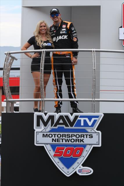 Graham Rahal is introduced to the crowd during pre-race festivities for the MAVTV 500 at Auto Club Speedway -- Photo by: Chris Jones
