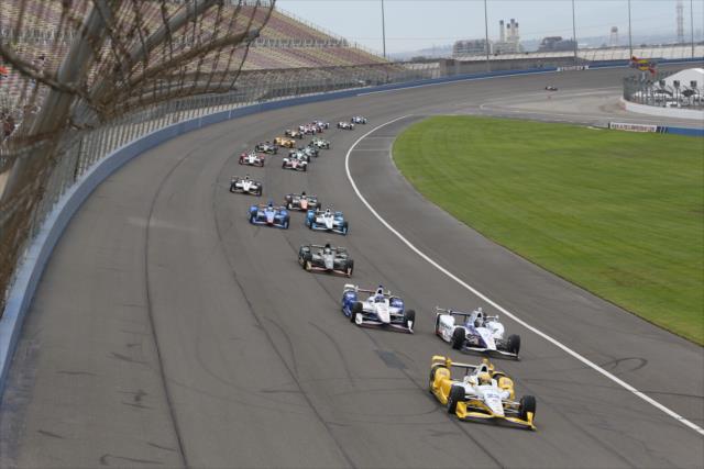 Simon Pagenaud leads the field to the green flag to start the MAVTV 500 at Auto Club Speedway -- Photo by: Chris Jones