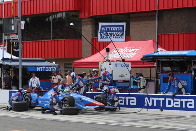 Tony Kanaan comes in for a pit stop during the MAVTV 500 at Auto Club Speedway -- Photo by: Chris Jones