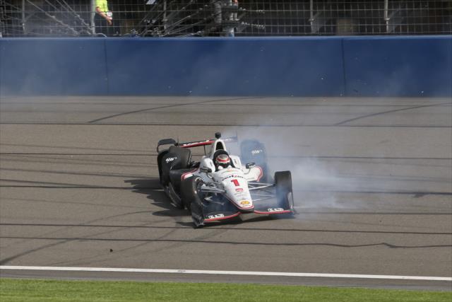 Will Power slides along the frontstretch bringing out a late caution during the MAVTV 500 at Auto Club Speedway -- Photo by: Chris Jones