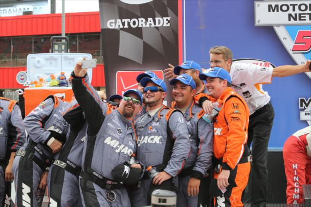 Rahal Letterman Lanigan Racing with a selfie in Victory Lane after winning the MAVTV 500 at Auto Club Speedway -- Photo by: Chris Jones