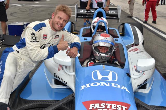 Actor Trevor Donovan with Mario Andretti after his two-seater ride at Auto Club Speedway -- Photo by: Chris Owens