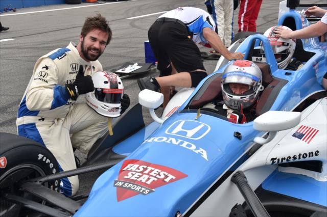 Actor David Walton with Mario Andretti after their two-seater ride at Auto Club Speedway -- Photo by: Chris Owens