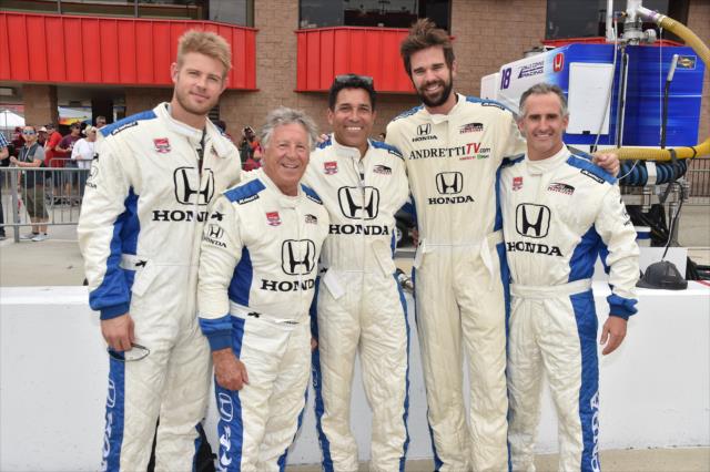Actors Trevor Donovan, Oscar Nunez, and David Walton with Mario Andretti after their two-seater experiences at Auto Club Speedway -- Photo by: Chris Owens