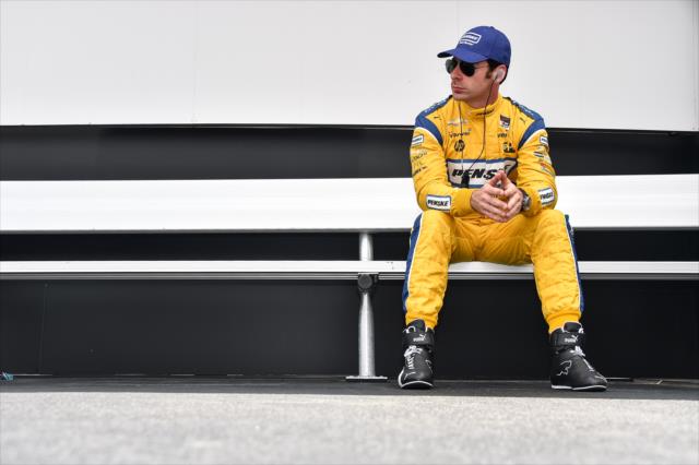Simon Pagenaud sits backstage during driver introductions for the MAVTV 500 at Auto Club Speedway -- Photo by: Chris Owens
