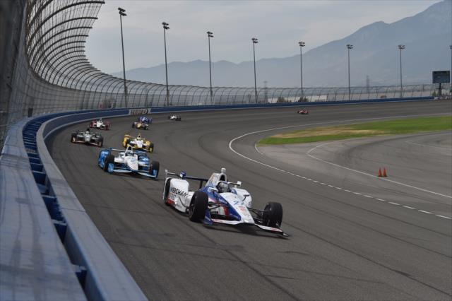 Marco Andretti leads a group exiting Turn 4 during the MAVTV 500 at Auto Club Speedway -- Photo by: Chris Owens