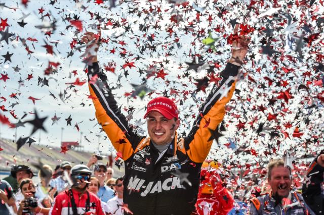 Graham Rahal celebrates in Victory Lane after winning the MAVTV 500 at Auto Club Speedway -- Photo by: Chris Owens