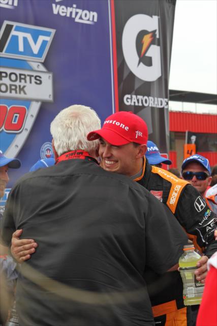 Graham Rahal celebrates in Victory Lane after winning the MAVTV 500 at Auto Club Speedway -- Photo by: Richard Dowdy