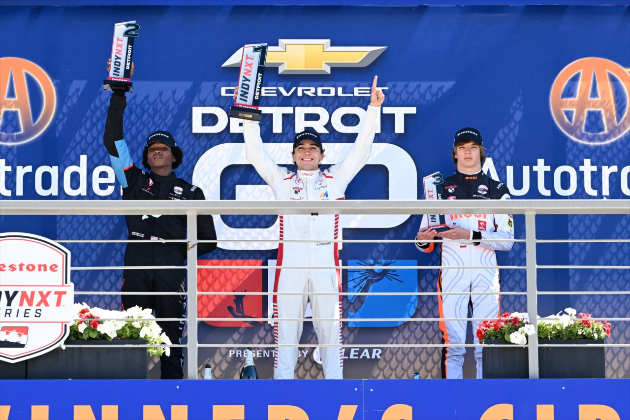 Myles Rowe, Enzo Fittipaldi, Tymek Kucharczyk - Detroit Grand Prix - INDY NXT by Firestone - By: James Black -- Photo by: James  Black
