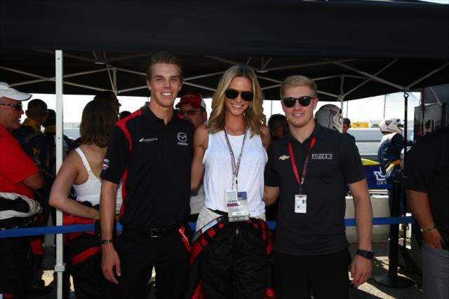 Oliver Askew and Spencer Pigot with Real Housewives of Orange County's Meghan King Edmonds before her two-seater ride around Gateway Motorsports Park -- Photo by: Bret Kelley