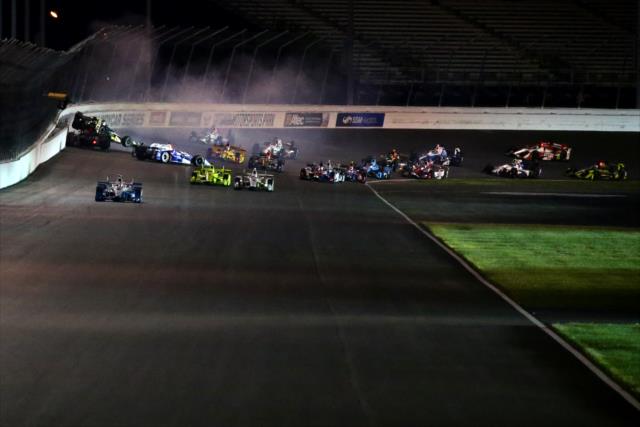 Will Power, Takuma Sato, and Ed Carpenter spin in Turn 2 at the start of the Bommarito Automotive Group 500 at Gateway Motorsports Park -- Photo by: Bret Kelley