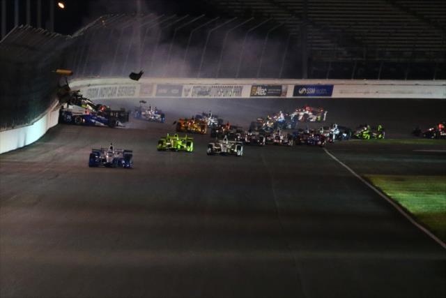 Will Power, Takuma Sato, and Ed Carpenter spin in Turn 2 at the start of the Bommarito Automotive Group 500 at Gateway Motorsports Park -- Photo by: Bret Kelley
