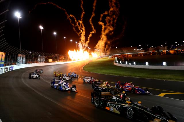Pyrotechnics along the backstretch during the parade laps prior to the start of the Bommarito Automotive Group 500 at Gateway Motorsports Park -- Photo by: Bret Kelley