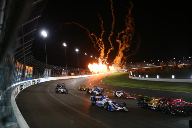 Pyrotechnics along the backstretch during the parade laps prior to the start of the Bommarito Automotive Group 500 at Gateway Motorsports Park -- Photo by: Bret Kelley