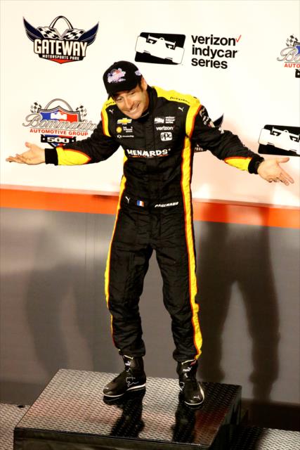 Simon Pagenaud jokes on the podium following his 3rd Place finish in the Bommarito Automotive Group 500 at Gateway Motorsports Park -- Photo by: Bret Kelley
