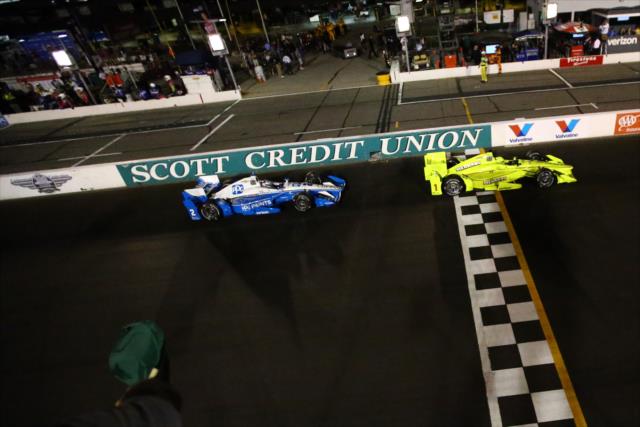Simon Pagenaud and Josef Newgarden go nose-to-tail over the start-finish line during the Bommarito Automotive Group 500 at Gateway Motorsports Park -- Photo by: Bret Kelley