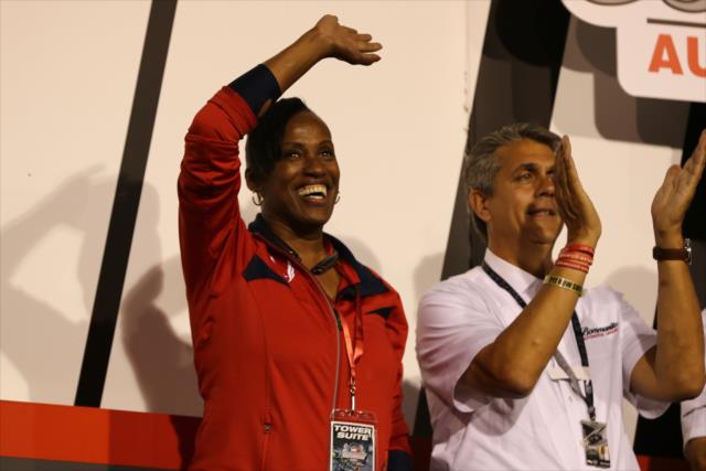 Jackie Joyner-Kersee waives to the crowd during pre-race introductions prior to the Bommarito Automotive Group 500 at Gateway Motorsports Park -- Photo by: Chris Jones