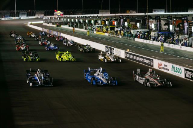 The field salute the Gateway fans with a three-wide parade lap during pre-race festivities for the Bommarito Automotive Group 500 at Gateway Motorsports Park -- Photo by: Chris Jones