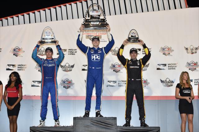 The podium of Josef Newgarden, Scott Dixon, and Simon Pagenaud with their trophies on Victory Stage following the Bommarito Automotive Group 500 at Gateway Motorsports Park -- Photo by: Chris Owens