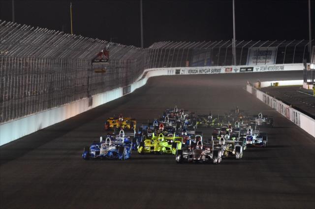 The green flag flies as Will Power and Josef Newgarden lead the field toward Turn 1 during the Bommarito Automotive Group 500 at Gateway Motorsports Park -- Photo by: Chris Owens