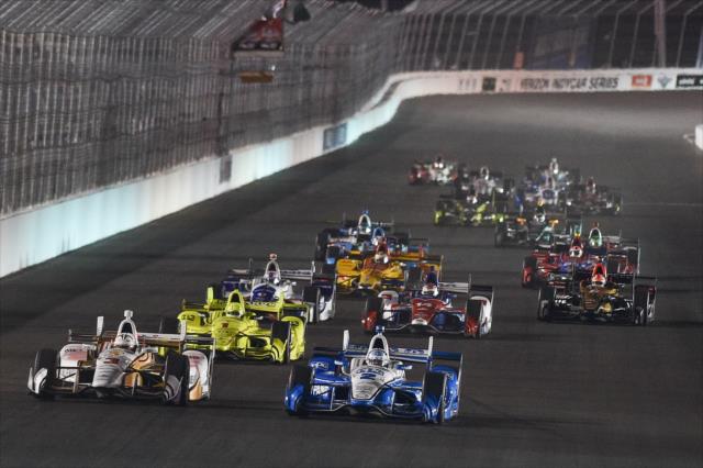Josef Newgarden and Helio Castroneves lead the field down the frontstretch during the Bommarito Automotive Group 500 at Gateway Motorsports Park -- Photo by: Chris Owens