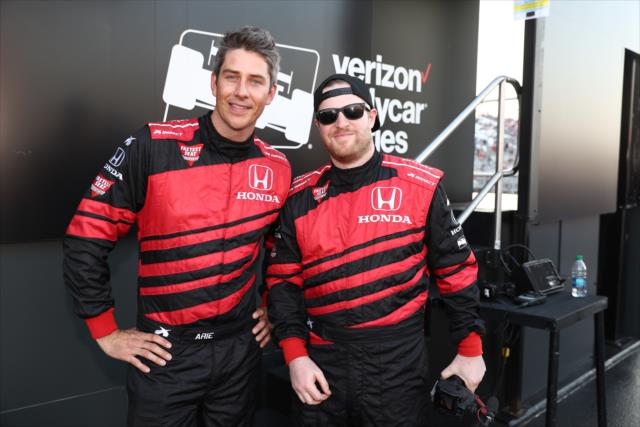 Arie Luyendyk Jr. and two-seater rider Chris Steinbacher backstage during pre-race festivities for the Bommarito Automotive Group 500 at Gateway Motorsports Park -- Photo by: Chris Jones