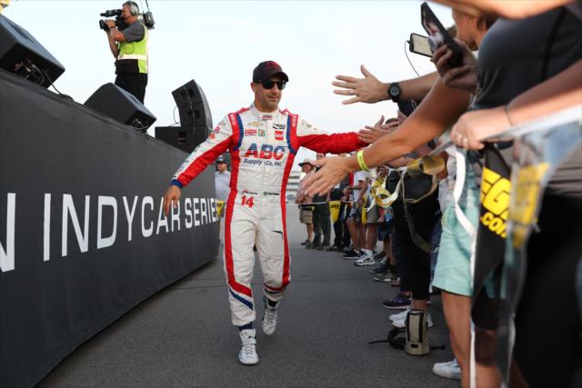 Tony Kanaan greets the fans gathered at the stage during pre-race festivities for the Bommarito Automotive Group 500 at Gateway Motorsports Park -- Photo by: Chris Jones