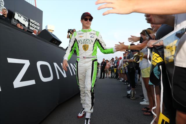 Spencer Pigot greets the fans gathered at the stage during pre-race festivities for the Bommarito Automotive Group 500 at Gateway Motorsports Park -- Photo by: Chris Jones