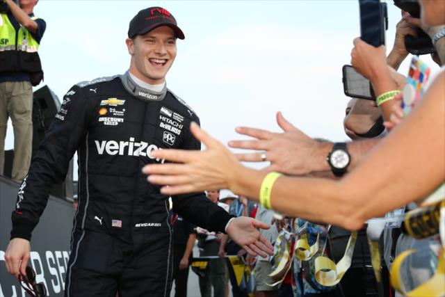 Josef Newgarden greets the fans gathered at the stage during pre-race festivities for the Bommarito Automotive Group 500 at Gateway Motorsports Park -- Photo by: Chris Jones