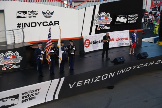 INDYCAR Ministries Chuck Lessick gives the invocation during pre-race festivities for the Bommarito Automotive Group 500 at Gateway Motorsports Park -- Photo by: Chris Jones