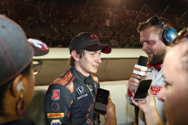 Zach Veach is interviewed on pit lane after his 5th place finish in the Bommarito Automotive Group 500 at Gateway Motorsports Park -- Photo by: Chris Jones