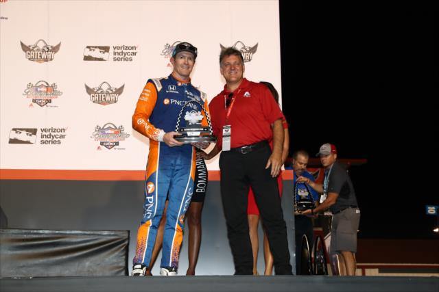 Scott Dixon accepts his 3rd Place trophy on stage following the Bommarito Automotive Group 500 at Gateway Motorsports Park -- Photo by: Chris Jones