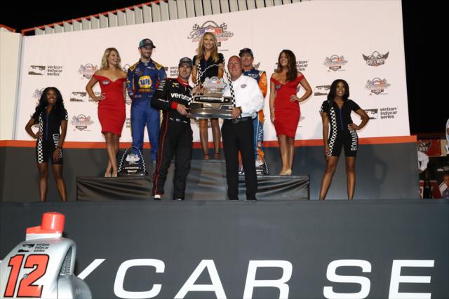 Will Power accepts his 1st Place trophy on stage after winning the Bommarito Automotive Group 500 at Gateway Motorsports Park -- Photo by: Chris Jones