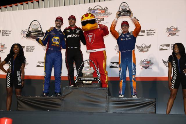 The podium of Will Power, Alexander Rossi, and Scott Dixon with the Firestone Firehawk following the 2018 Bommarito Automotive Group 500 at Gateway Motorsports Park -- Photo by: Chris Jones