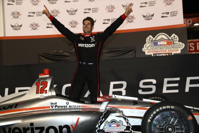 Will Power begins the celebration at the stage after winning the Bommarito Automotive Group 500 at Gateway Motorsports Park -- Photo by: Chris Jones