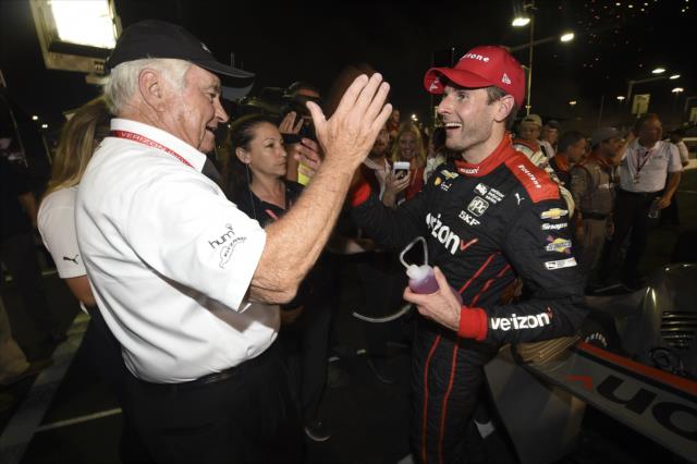 Will Power gets congratulated by team owner Roger Penske after winning the Bommarito Automotive Group 500 at Gateway Motorsports Park -- Photo by: Chris Owens