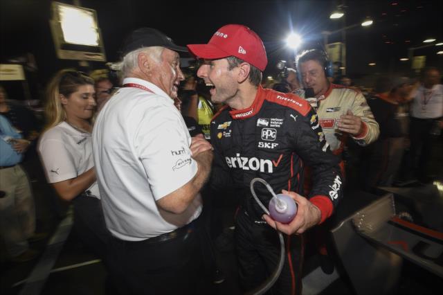 Will Power gets congratulated by team owner and strategist Roger Penske after winning the Bommarito Automotive Group 500 at Gateway Motorsports Park -- Photo by: Chris Owens